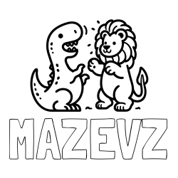 Online izdelana pobarvanka - Pobarvanka imena MAZEVŽ in pobarvanka dinozavra, ki napada leva