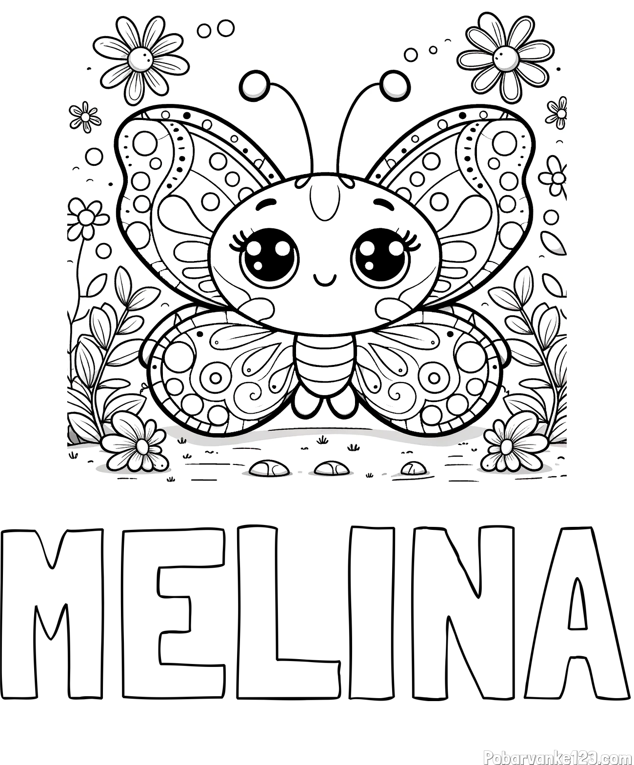 Pobarvanka imena MELINA in pobarvanka ljubkega metuljčka