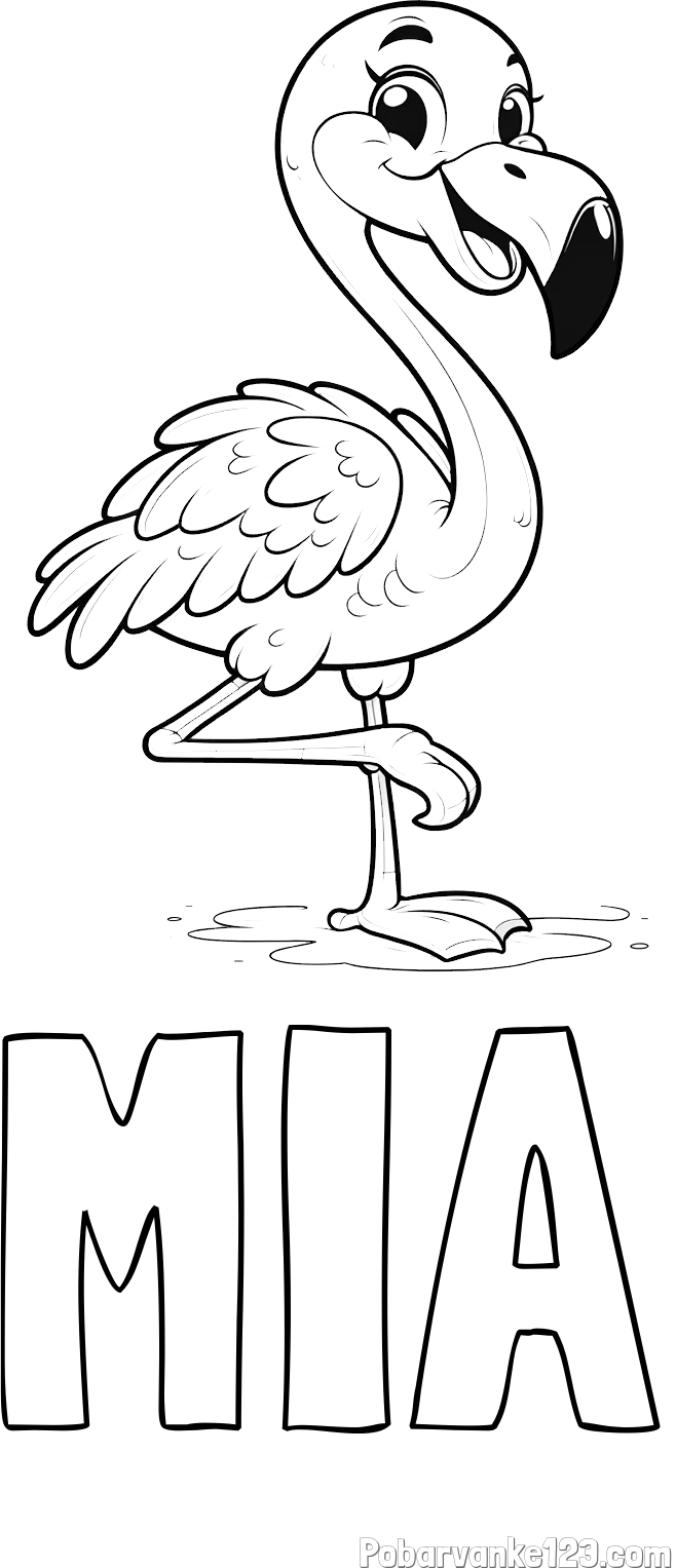 Pobarvanka imena MIA in otroška pobarvanka prikupnega flaminga