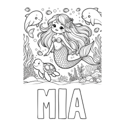 Online izdelana pobarvanka - Pobarvanka imena MIA in pobarvana ljubke morske deklice s prijatelji