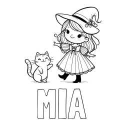 Online izdelana pobarvanka - Pobarvanka imena MIA in pobarvanka ljubke čarovnice ter podrednega mačka