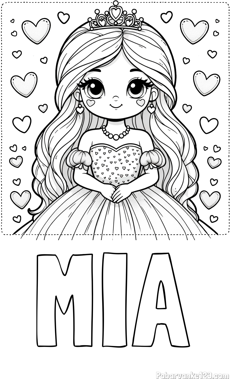 Pobarvanka imena MIA in pobarvanka ljubke princese obdane s srčki