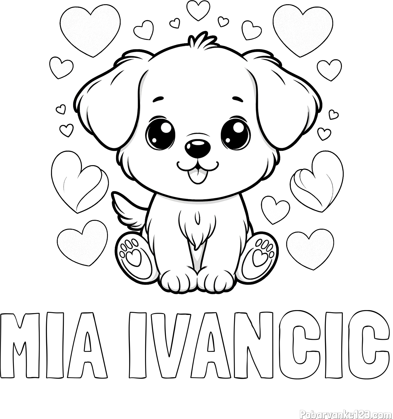 Pobarvanka imena MIA IVANČIČ in pobarvanka ljubkega kužka obdanega s srčki