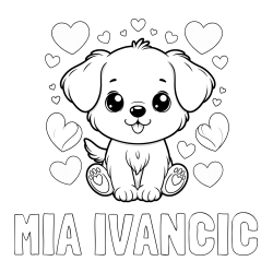 Online izdelana pobarvanka - Pobarvanka imena MIA IVANČIČ in pobarvanka ljubkega kužka obdanega s srčki