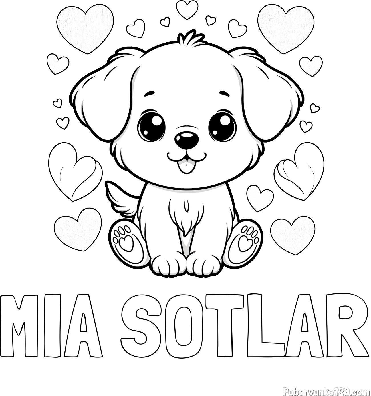Pobarvanka imena MIA SOTLAR in pobarvanka ljubkega kužka obdanega s srčki