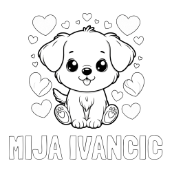 Online izdelana pobarvanka - Pobarvanka imena MIJA IVANČIČ in pobarvanka ljubkega kužka obdanega s srčki