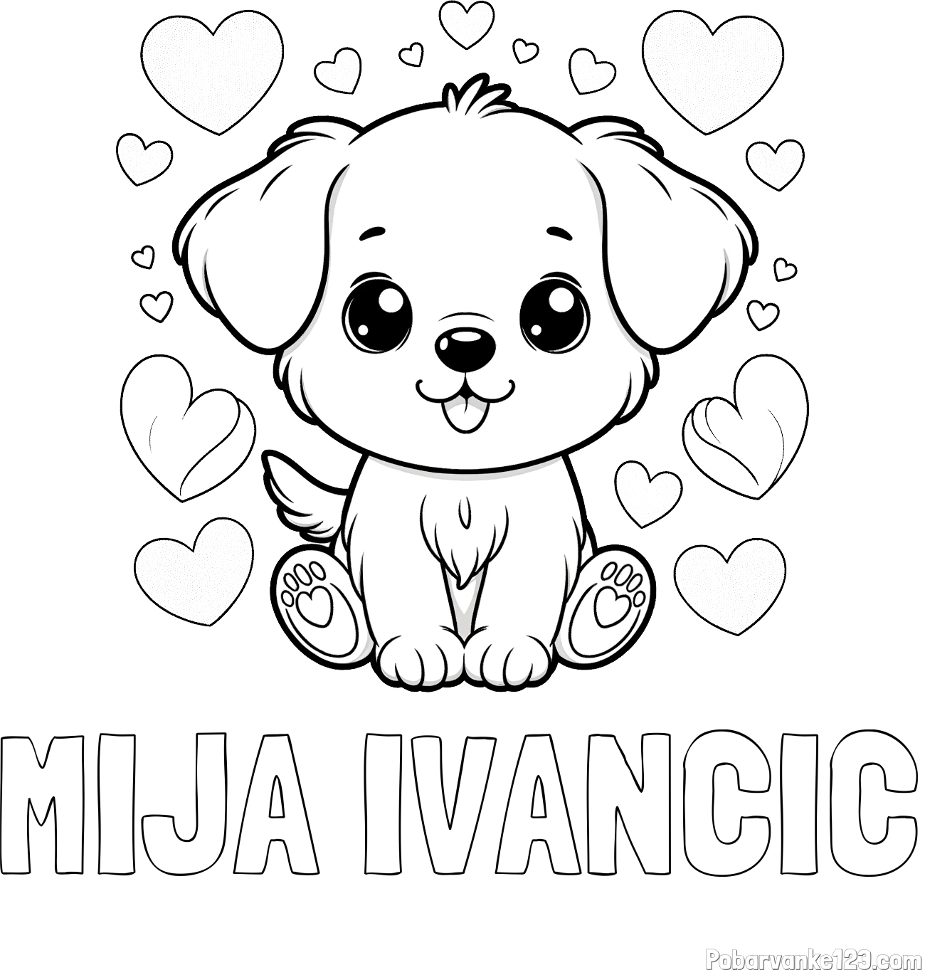 Pobarvanka imena MIJA IVANČIČ in pobarvanka ljubkega kužka obdanega s srčki