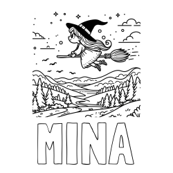 Online izdelana pobarvanka - Pobarvanka imena MINA in pobarvanka čarovnice, ki leti na metli