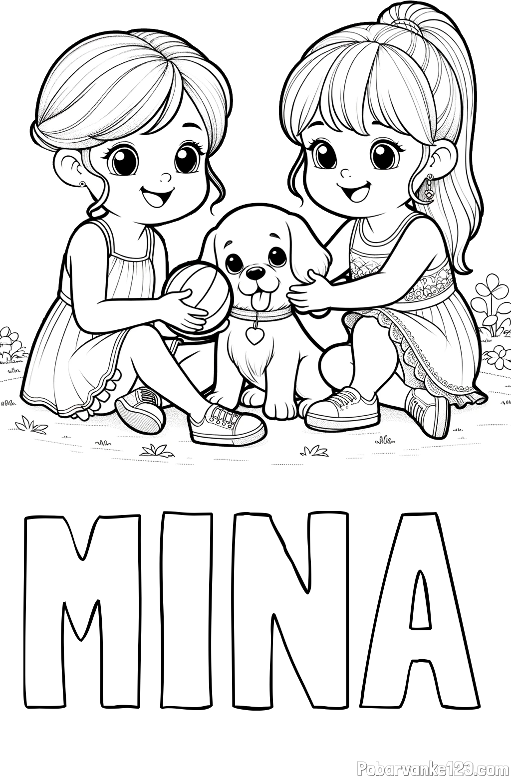 Pobarvanka imena MINA in pobarvanka prijateljic s kužkom