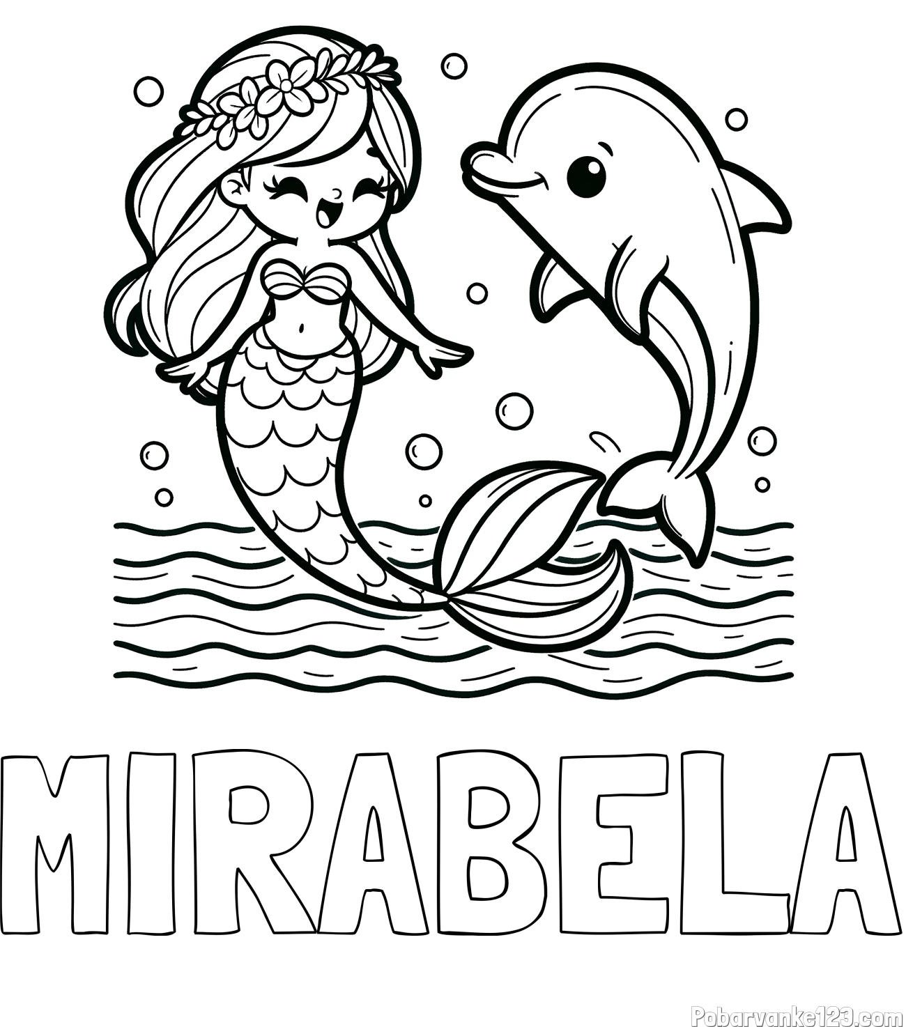 Pobarvanka imena MIRABELA in pobarvanka ljubke morske deklice, ki pleše z delfinom