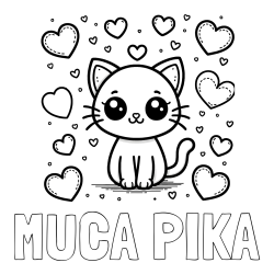 Online izdelana pobarvanka - Pobarvanka imena MUCA PIKA in pobarvanka ljubke mucke obdane z veliko srčki