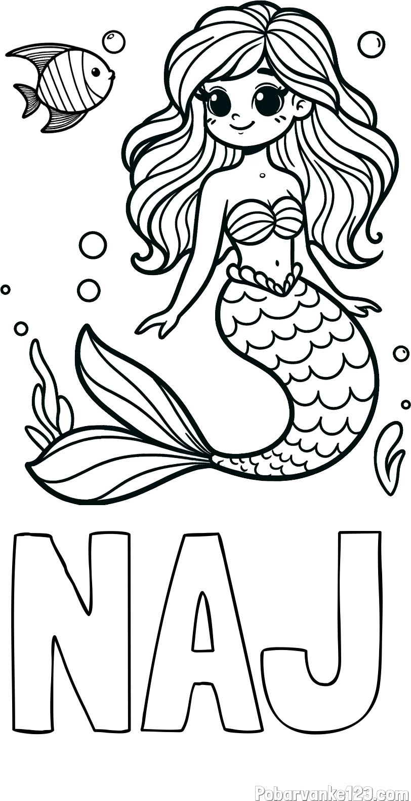 Pobarvanka imena NAJ in pobarvanka male morske deklice in ribice
