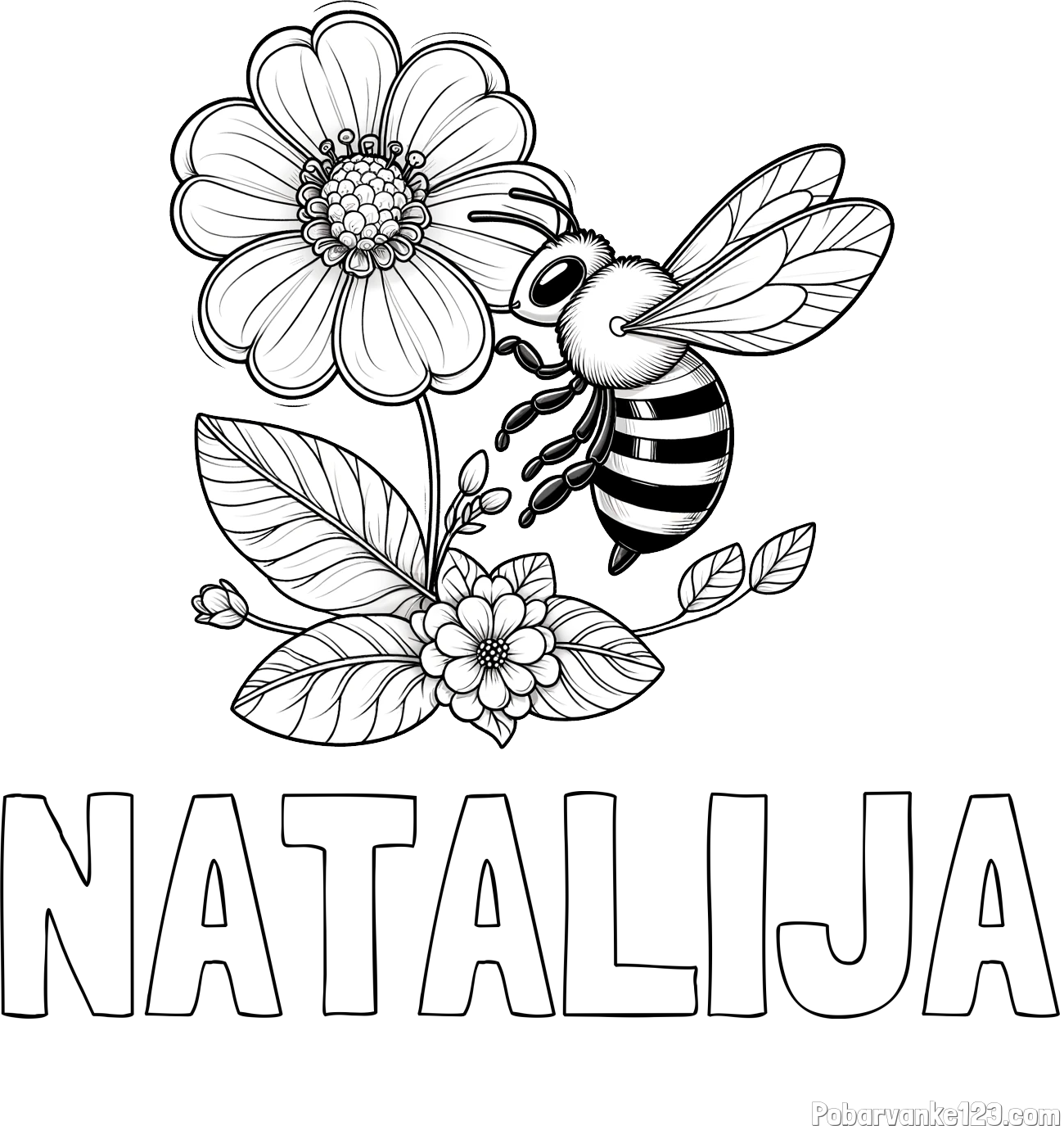 Pobarvanka imena NATALIJA in otroška pobarvanka čebelice in rožice