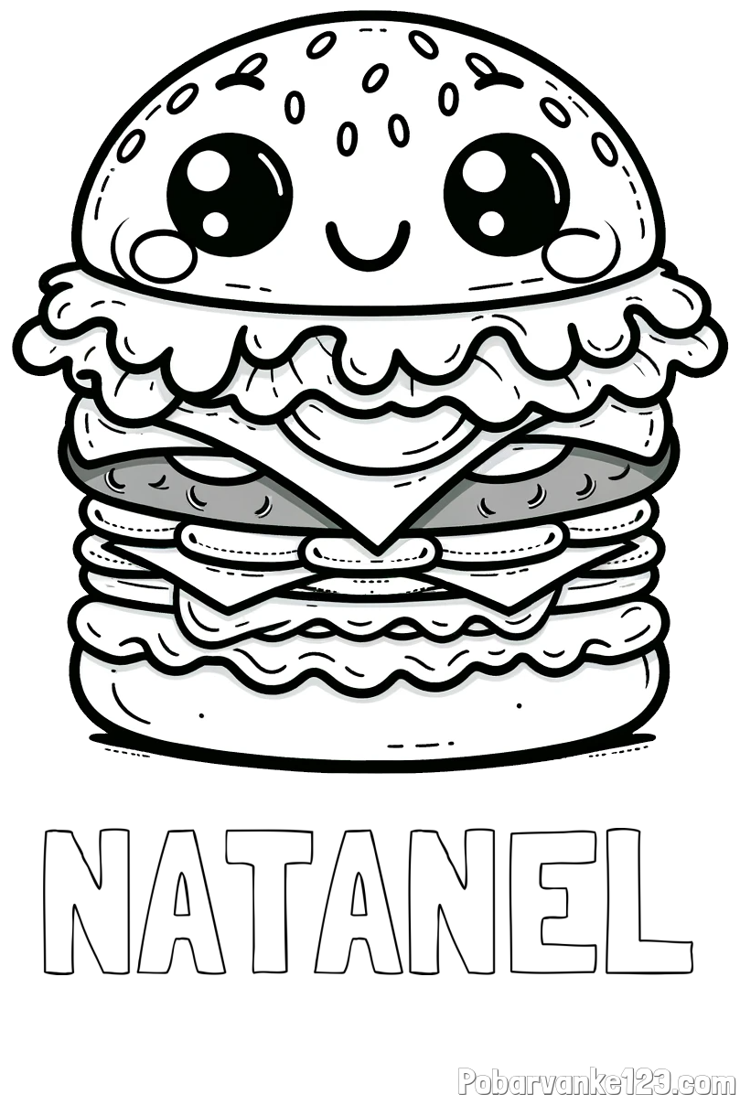 Pobarvanka imena NATANEL in otroška pobarvanka nasmejanega hamburgerja