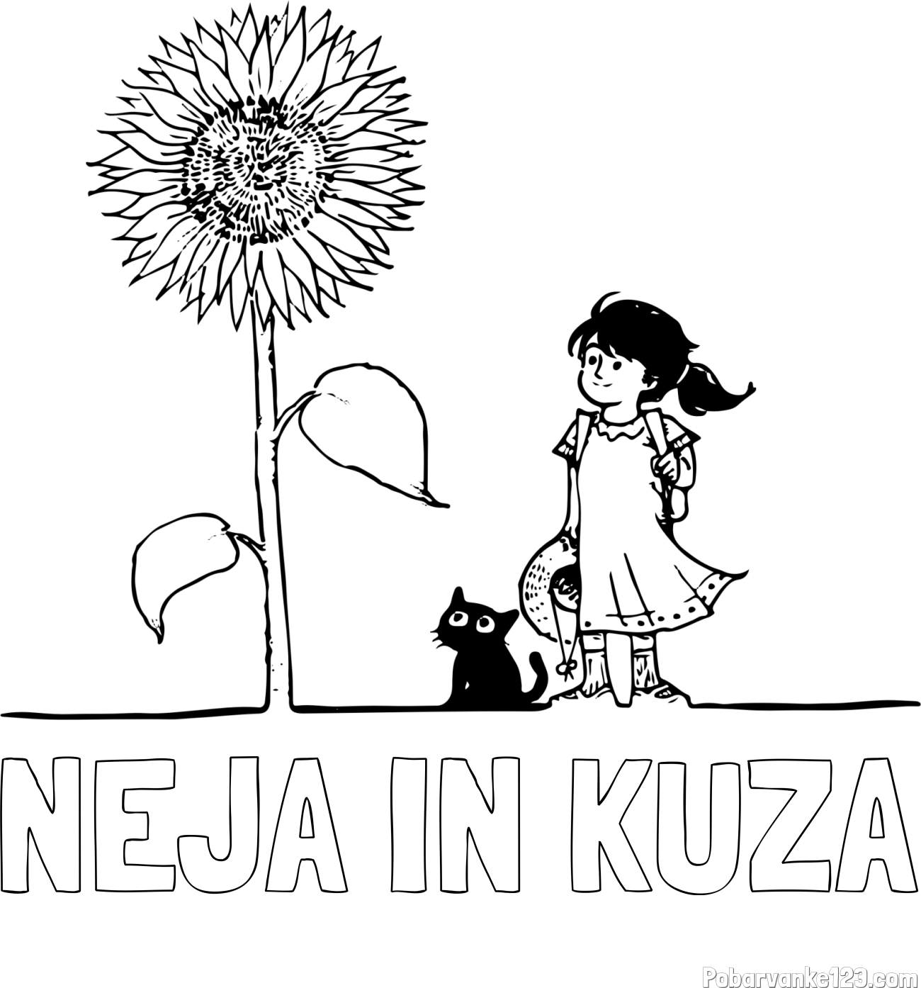 Pobarvanka imena NEJA IN KUŽA in pobarvanka velike sončnice, deklice in ljubkega mačka