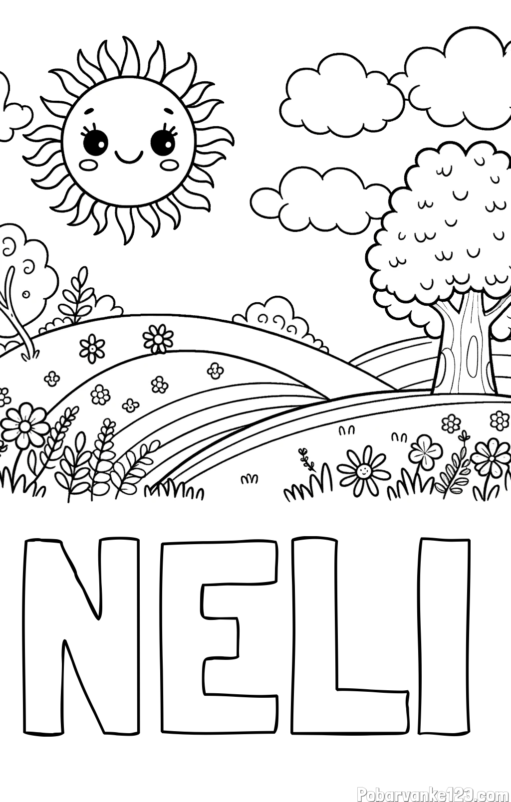 Pobarvanka imena NELI in otroška pobarvanka narave