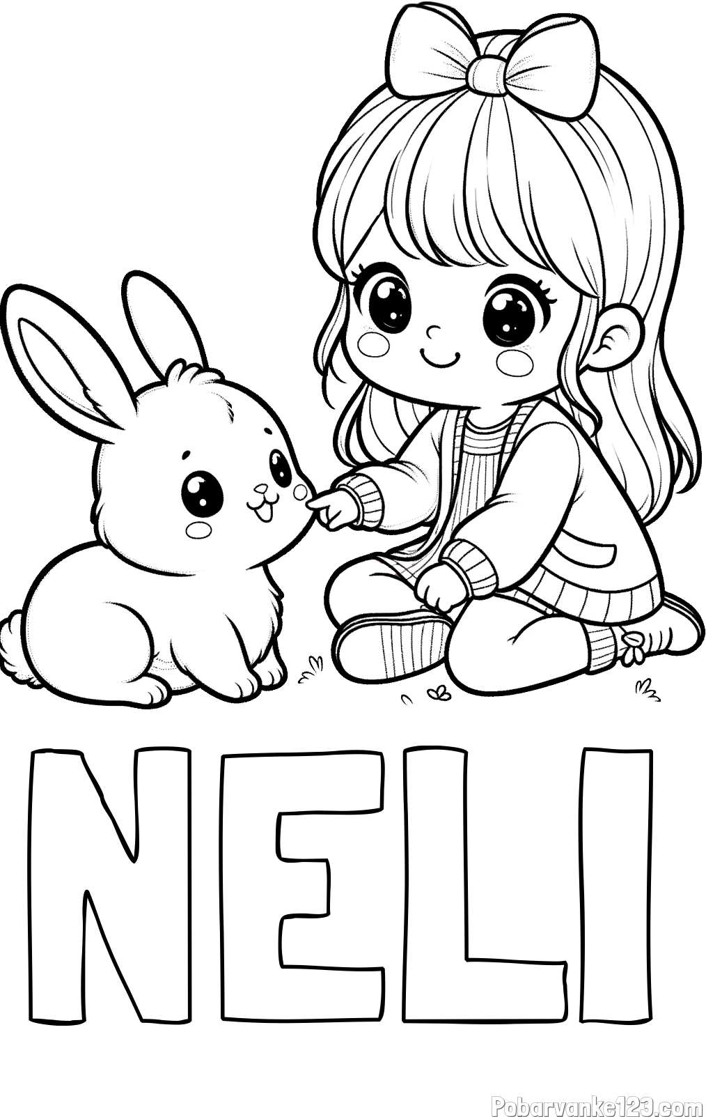Pobarvanka imena NELI in pobarvanka ljubke punčke, ki se igra z zajčkom