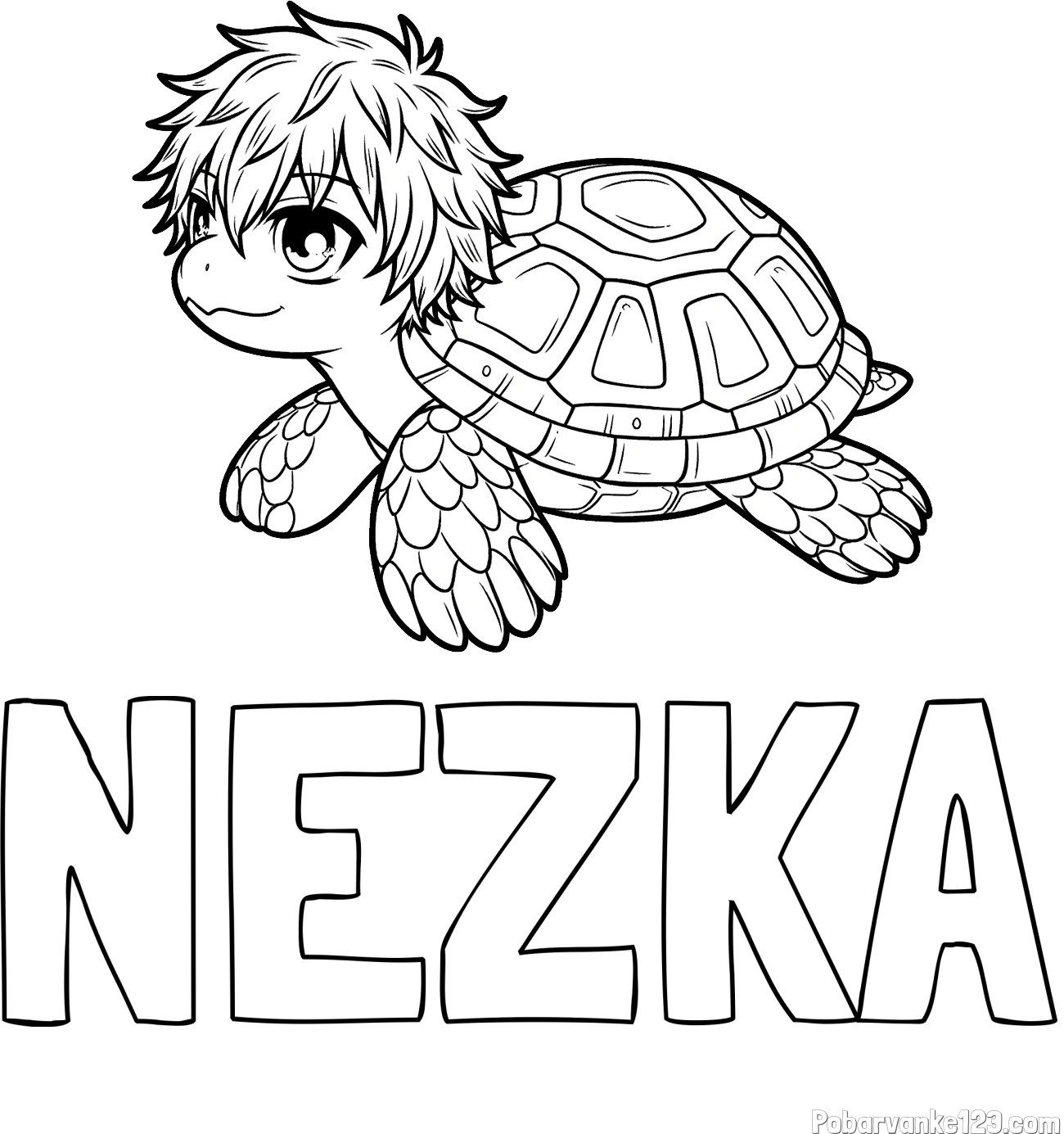 Pobarvanka imena NEŽKA in pobarvanka želve v stilu anime