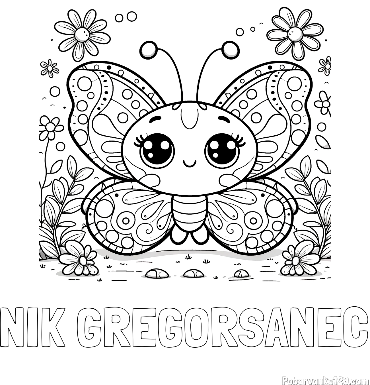 Pobarvanka imena NIK GREGORŠANEC in pobarvanka ljubkega metuljčka