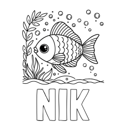 Online izdelana pobarvanka - Pobarvanka imena NIK in otroška pobarvanka ljubke ribe