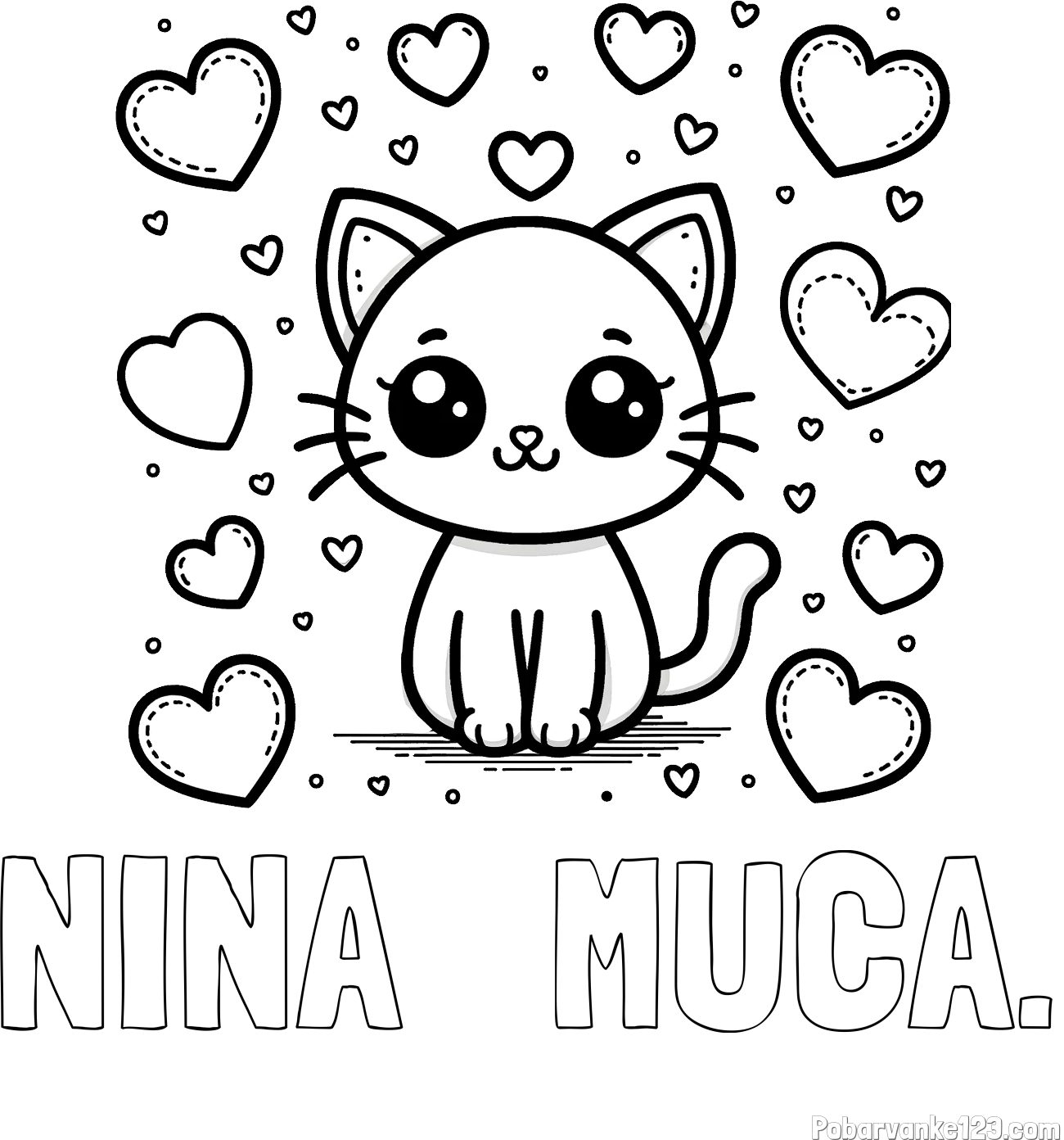 Pobarvanka imena NINA   MUCA. in pobarvanka ljubke mucke obdane z veliko srčki