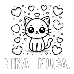 Online izdelana pobarvanka - Pobarvanka imena NINA   MUCA. in pobarvanka ljubke mucke obdane z veliko srčki