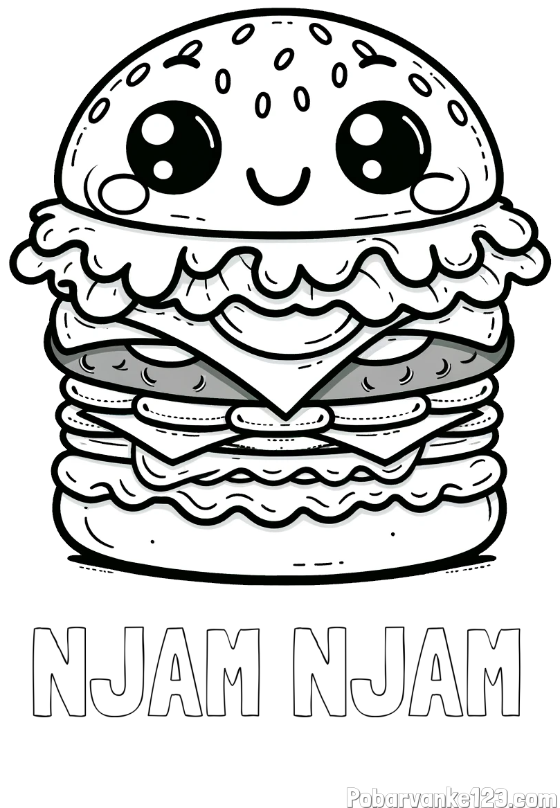 Pobarvanka imena NJAM NJAM in otroška pobarvanka nasmejanega hamburgerja