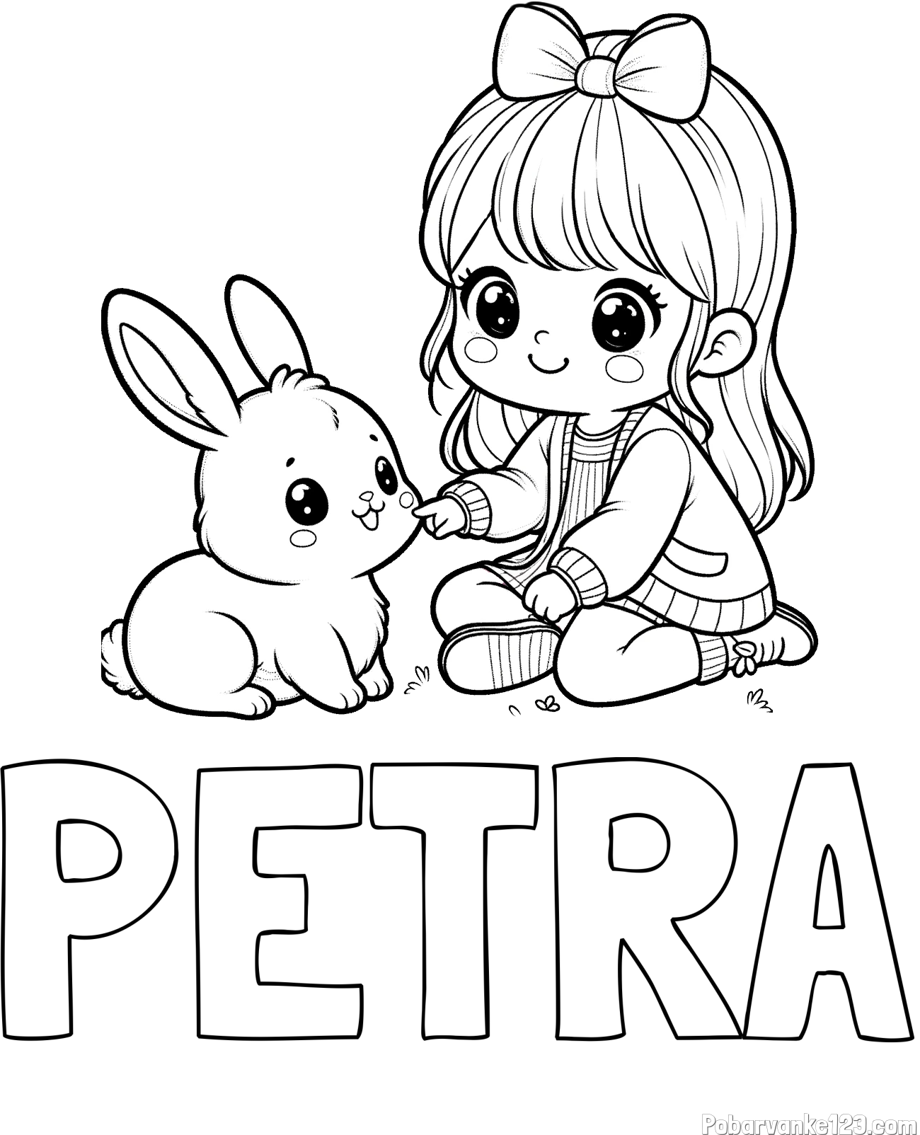 Pobarvanka imena PETRA in pobarvanka ljubke punčke, ki se igra z zajčkom