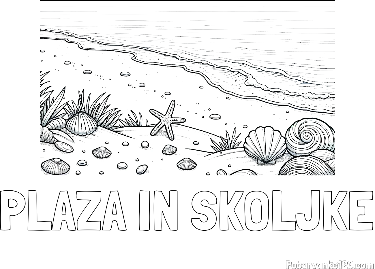Pobarvanka imena PLAŽA IN SKOLJKE in pobarvanka morja in plaže