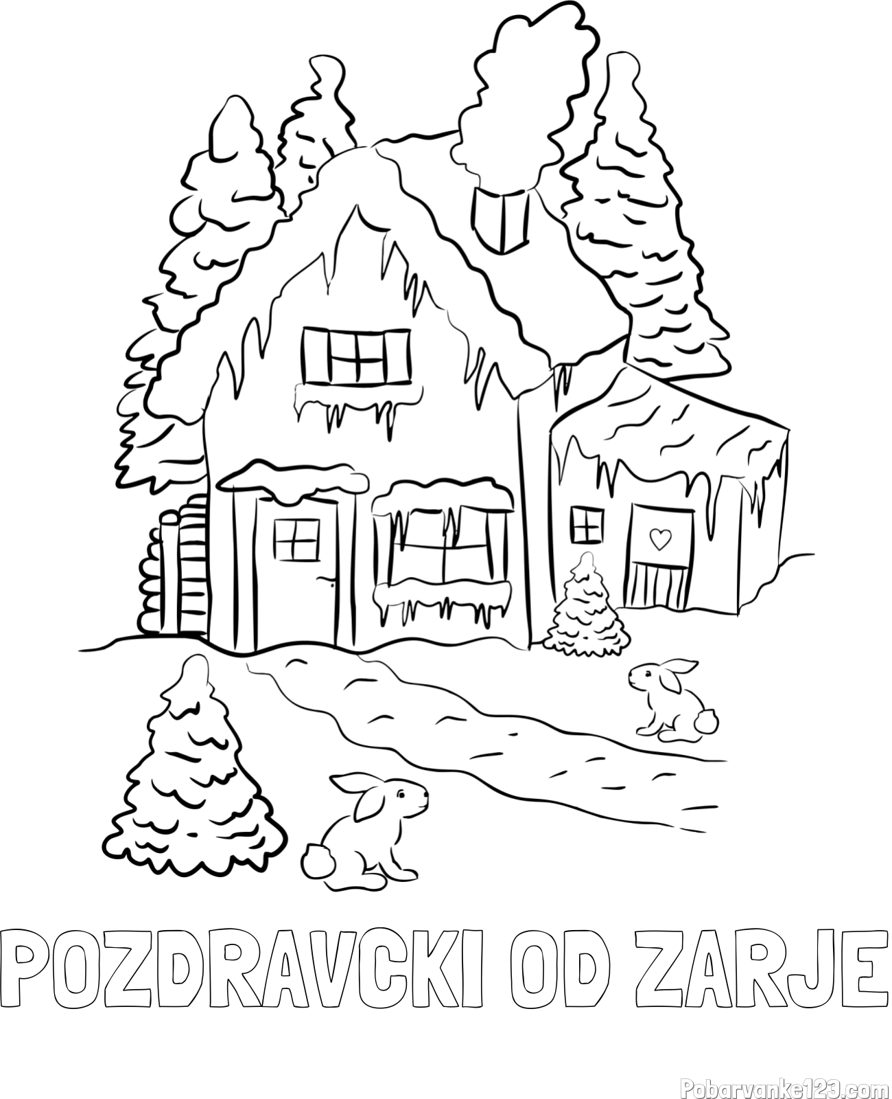 Pobarvanka imena POZDRAVCKI OD ZARJE in pobarvanka zasnežene hiše