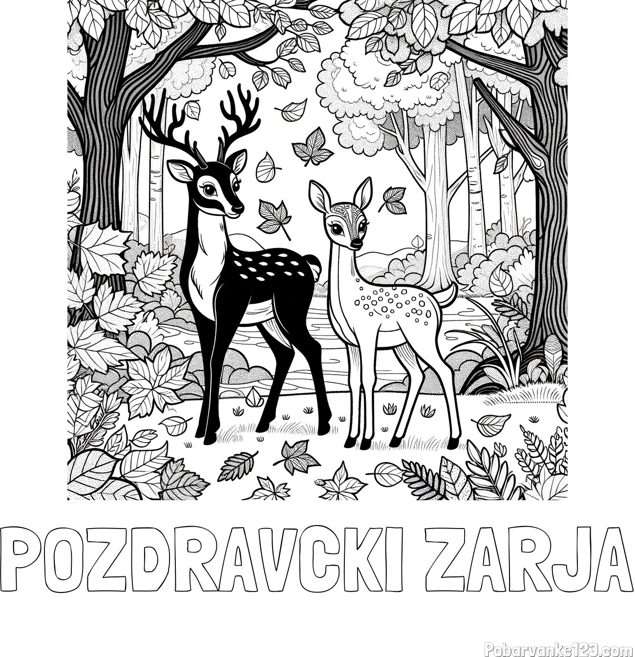 Pobarvanka imena POZDRAVCKI ZARJA in pobarvanka srnice in jelenčka