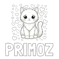 Online izdelana pobarvanka - Pobarvanka imena PRIMOŽ in pobarvanka ljubke mucke obdane s srčki