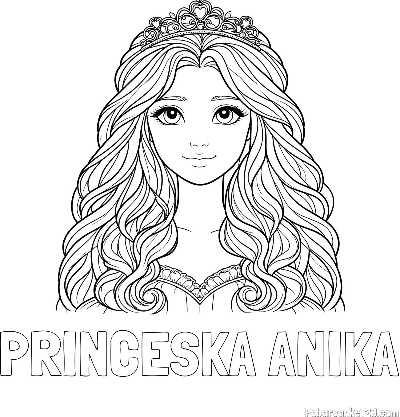 Pobarvanka imena PRINCESKA ANIKA in pobarvanka ljubke princese z bujnimi lasmi
