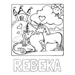 Online izdelana pobarvanka - Pobarvanka imena REBEKA in pobarvanka zaljubljenih samorogov