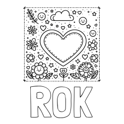 Online izdelana pobarvanka - Pobarvanka imena ROK in pobarvanka srčka ter rožic