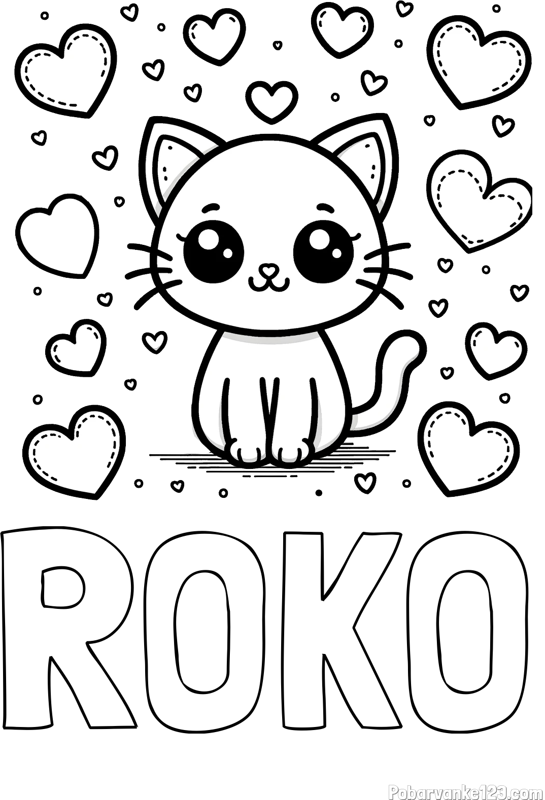 Pobarvanka imena ROKO in pobarvanka ljubke mucke obdane z veliko srčki