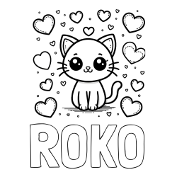 Online izdelana pobarvanka - Pobarvanka imena ROKO in pobarvanka ljubke mucke obdane z veliko srčki