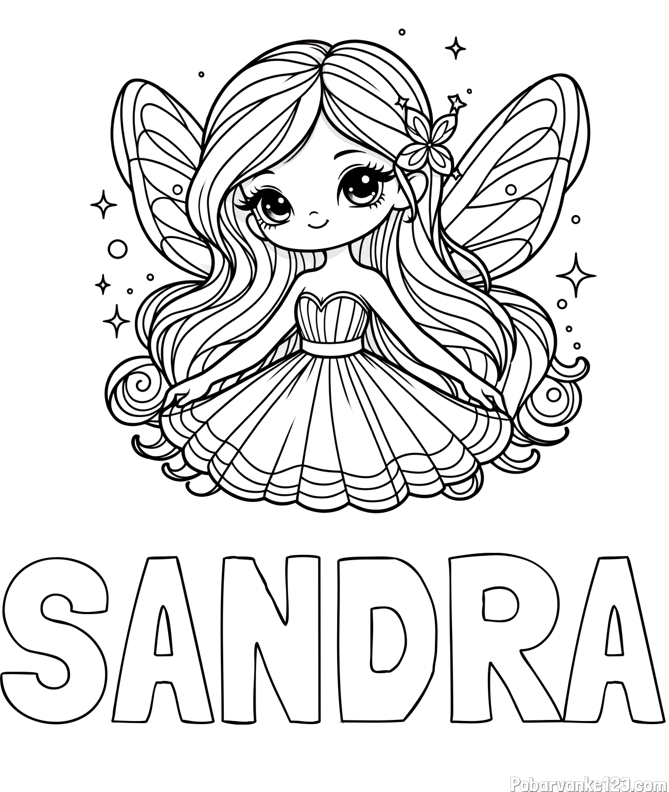 Pobarvanka imena SANDRA in pobarvanka ljubke in nasmejane čarobne vile
