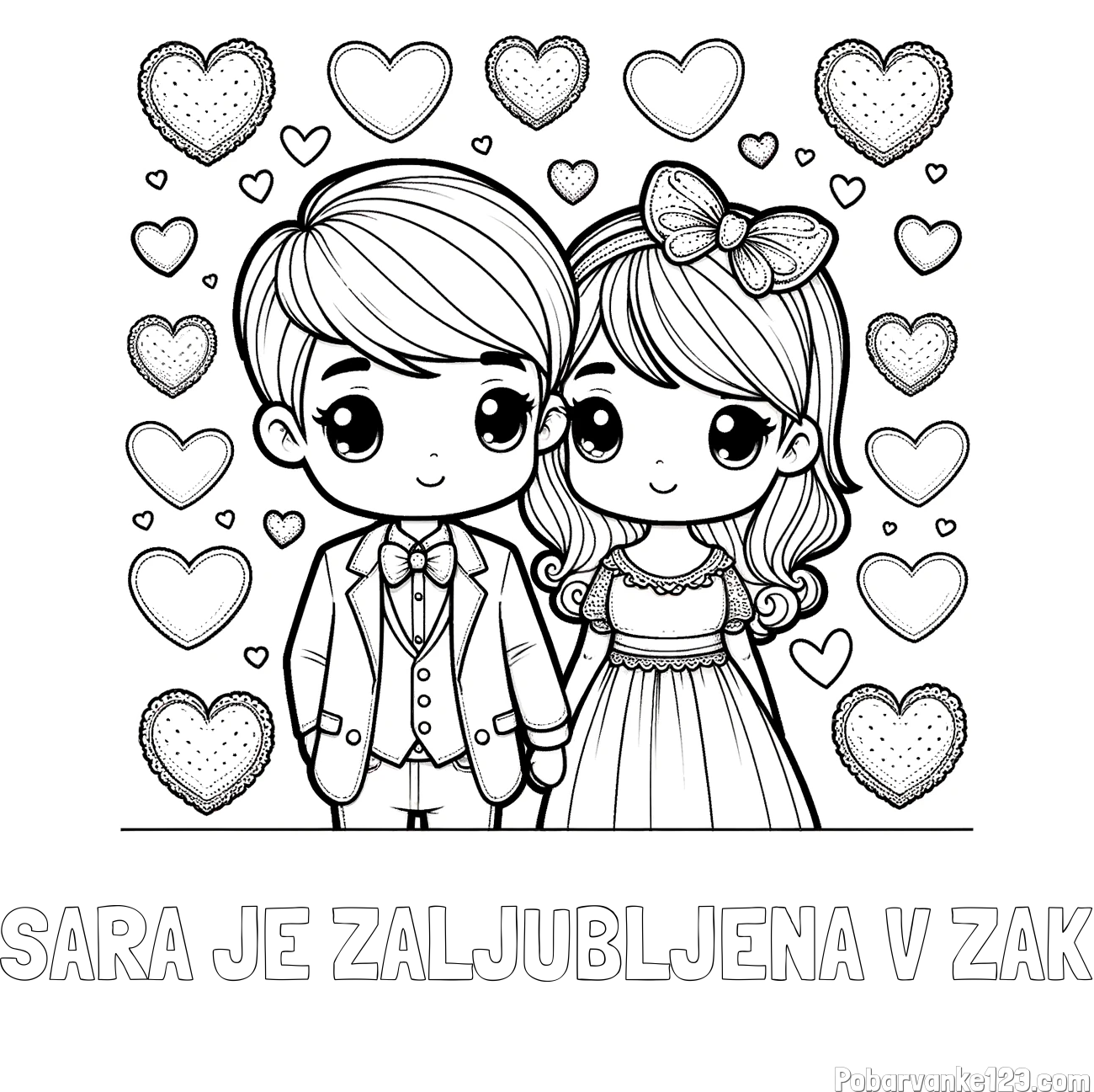 Pobarvanka imena SARA JE ZALJUBLJENA V ŽAK in pobarvanka dveh zaljubljencev s srčki