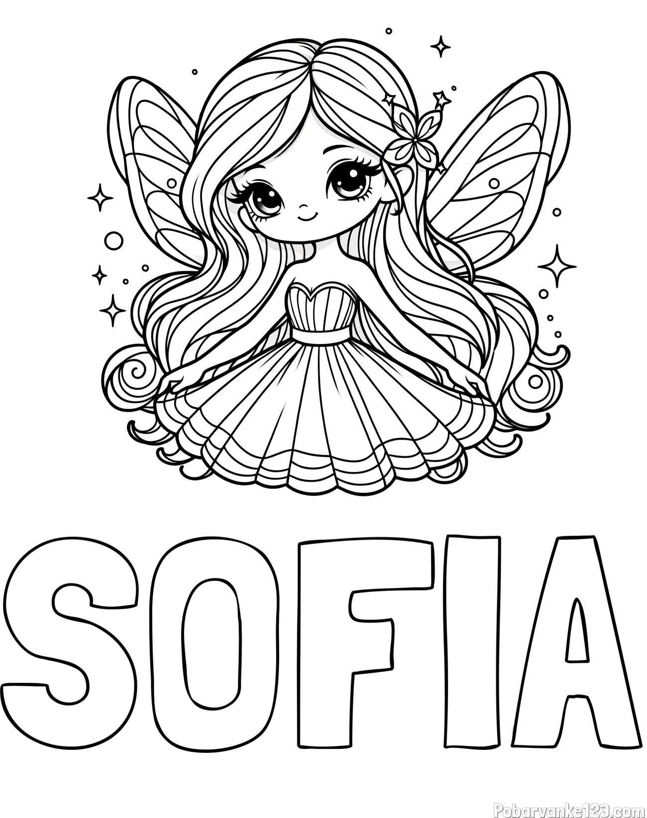 Pobarvanka imena SOFIA in pobarvanka ljubke in nasmejane čarobne vile