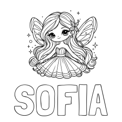 Online izdelana pobarvanka - Pobarvanka imena SOFIA in pobarvanka ljubke in nasmejane čarobne vile