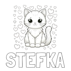 Online izdelana pobarvanka - Pobarvanka imena ŠTEFKA in pobarvanka ljubke mucke obdane s srčki