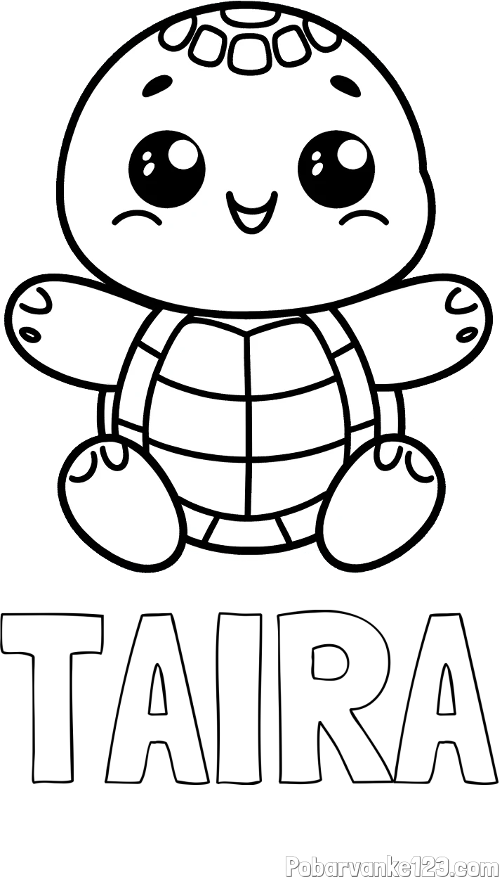Pobarvanka imena TAIRA in otroška pobarvanka ljubke in nasmejane želvice