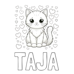 Online izdelana pobarvanka - Pobarvanka imena TAJA in pobarvanka ljubke mucke obdane s srčki