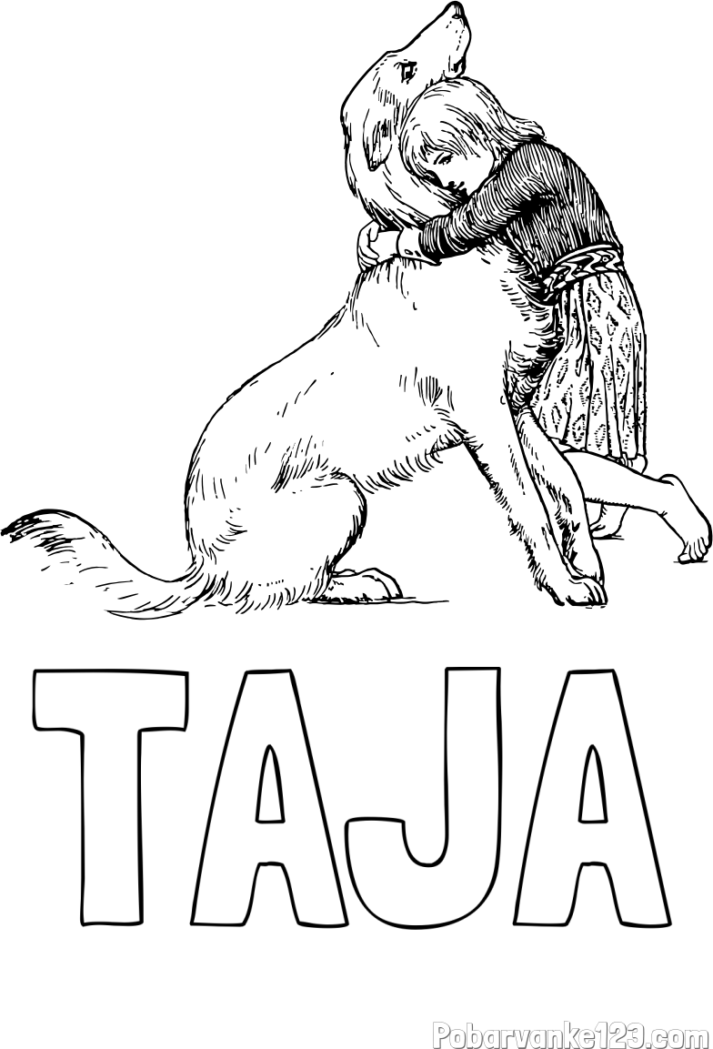 Pobarvanka imena TAJA in pobarvanka prikupnega kužka, ki ga objema mala deklica