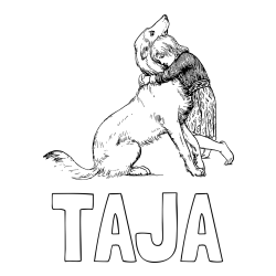 Online izdelana pobarvanka - Pobarvanka imena TAJA in pobarvanka prikupnega kužka, ki ga objema mala deklica