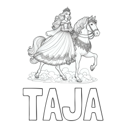 Online izdelana pobarvanka - Pobarvanka imena TAJA in pobarvanka princese na konju