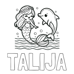 Online izdelana pobarvanka - Pobarvanka imena TALIJA in pobarvanka ljubke morske deklice, ki pleše z delfinom