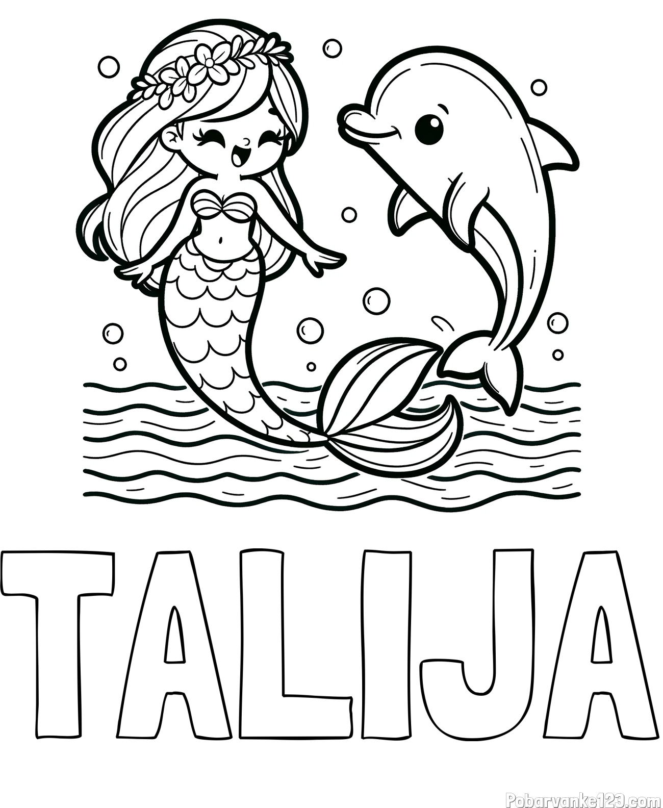 Pobarvanka imena TALIJA in pobarvanka ljubke morske deklice, ki pleše z delfinom