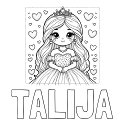 Online izdelana pobarvanka - Pobarvanka imena TALIJA in pobarvanka ljubke princese obdane s srčki